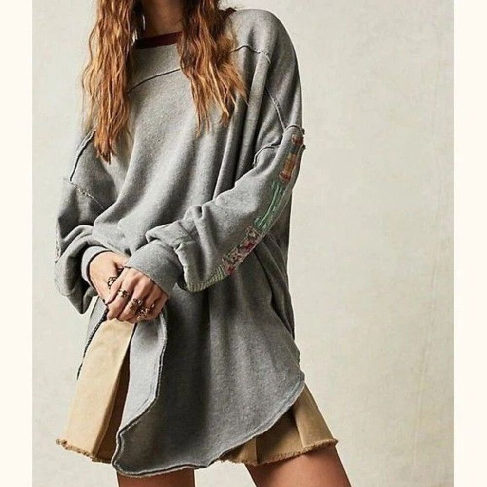 Free People We The Free Tee Tunic Top Floral Patch Cotton Pullover Gray S 291469